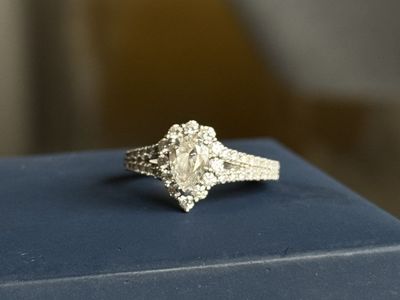 Stunning Pear Shaped Diamond Engagement Ring, White Gold, Halo Setting with Pavé Band