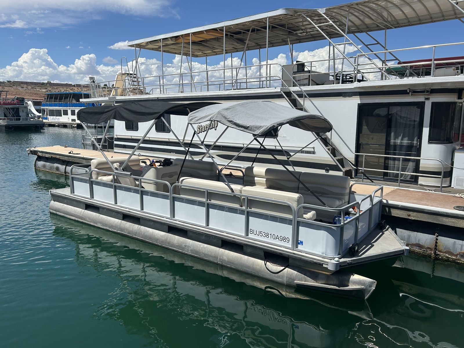 1989 Suntracker Tritoon Deck Boat, Restored, 90 HP Evinrude V-Tech, Double Bimini on a Tandem Trailer