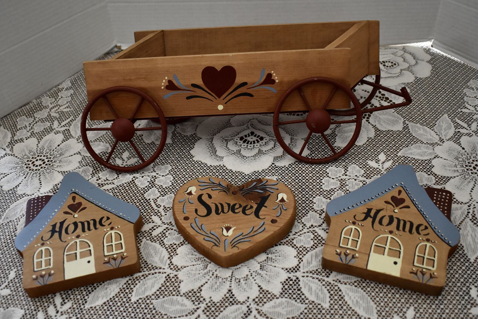 Vintage Home Interiors Farm Style Wooden Wagon and Home Sweet Home Wall Decor With Hearts and House Shapes Decor