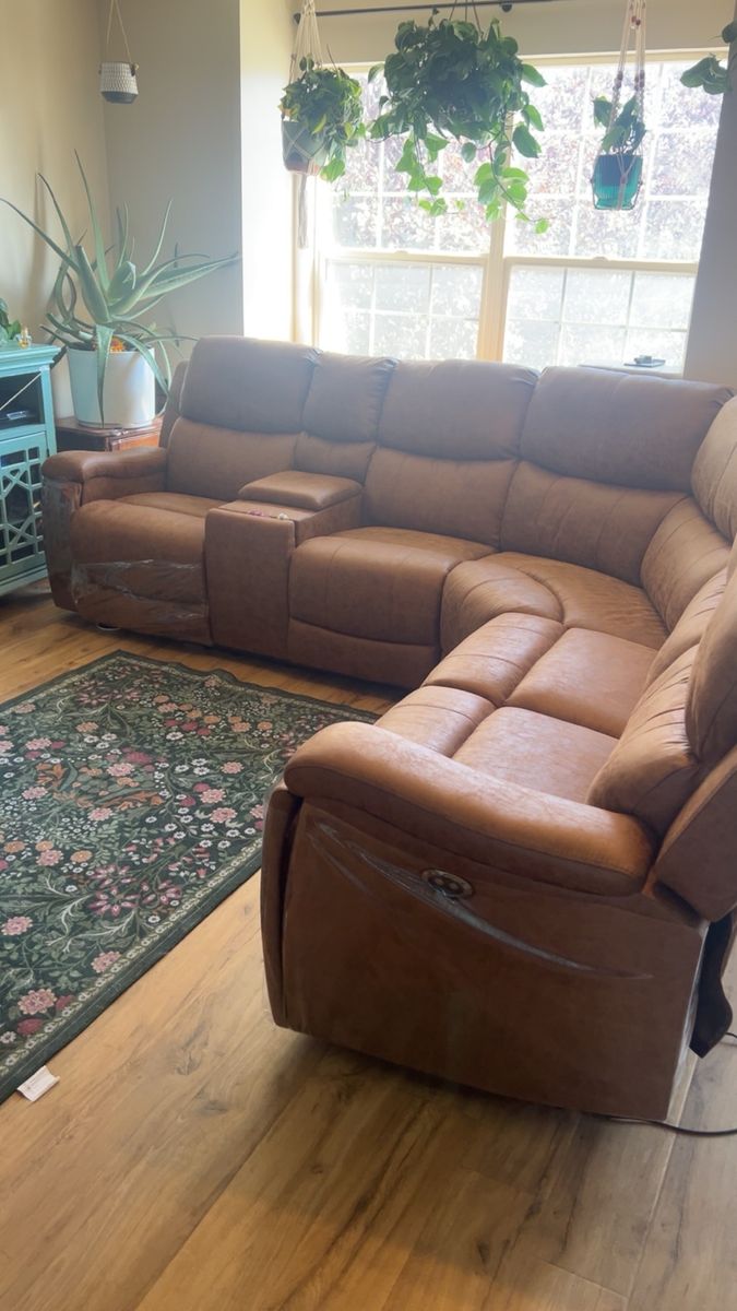Brown Leather Sectional Sofa with Recliners and Center Console