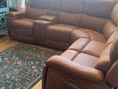 Brown Leather Sectional Sofa with Recliners and Center Console