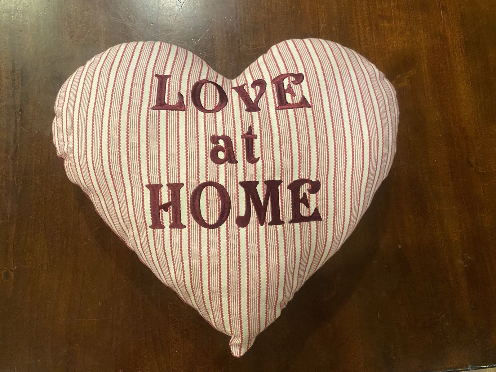 Home-made Heart-Shaped Decorative Pillow - Red and White Embroidery  'Love at Home' 12”x15”