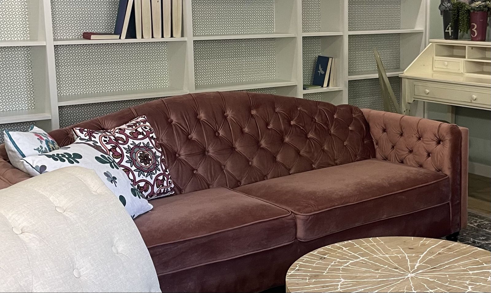 Elegant Velvet Tufted Rose Pink 3-Seater Sofa - Classic Design, Excellent Condition