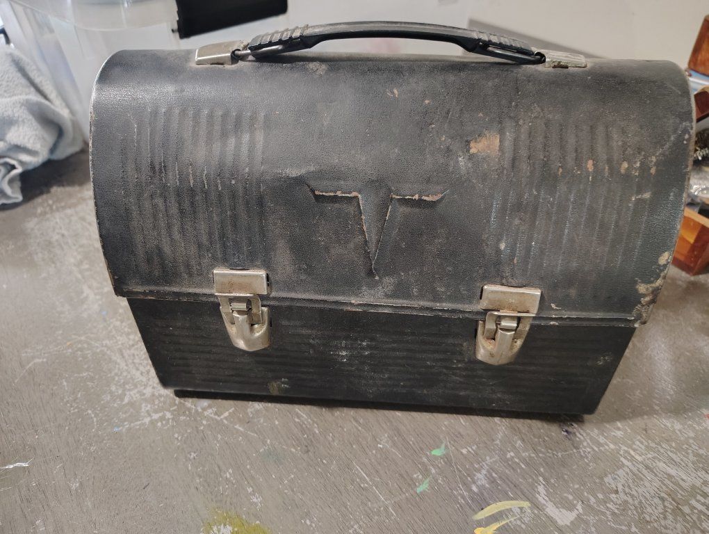 Vintage Black Metal Lunch Box with Emblem and Metal Latches