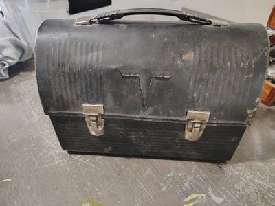 Vintage Black Metal Lunch Box with Emblem and Metal Latches