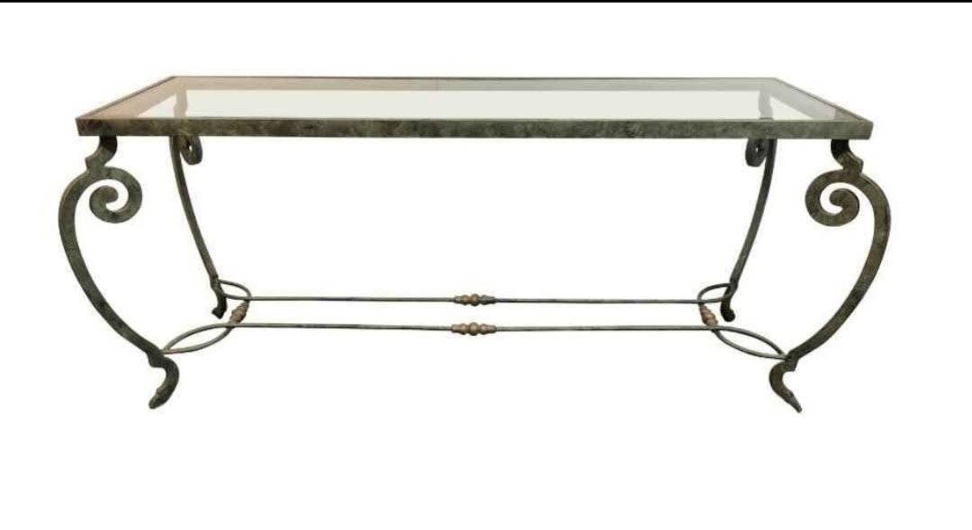 Vintage Wrought Iron Console Table with Glass Top - Ornate Scrollwork Design with matching side table