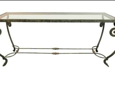 Vintage Wrought Iron Console Table with Glass Top - Ornate Scrollwork Design with matching side table