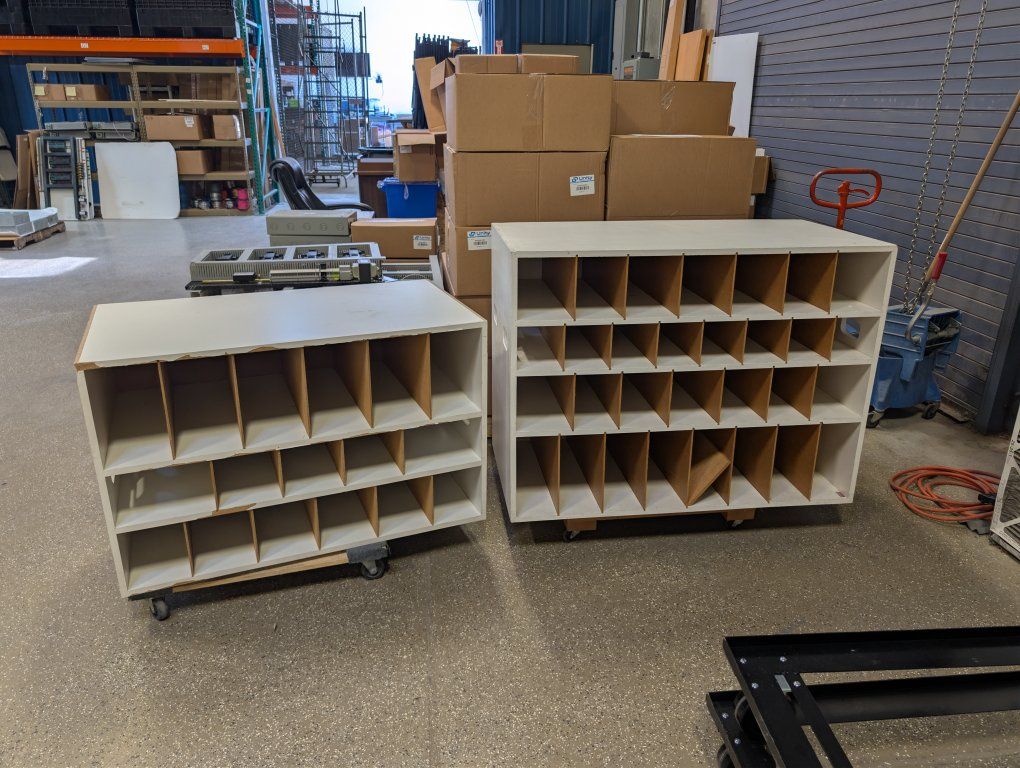 2 White Wood Pigeon Hole Mail Sorters, 24-Compartment, Industrial/Office Storage on Casters