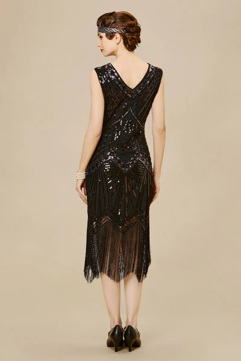 Vintage Gatsby Sleeveless Sequin Cocktail Party Plus Size Dress (3XL) Black (CB)