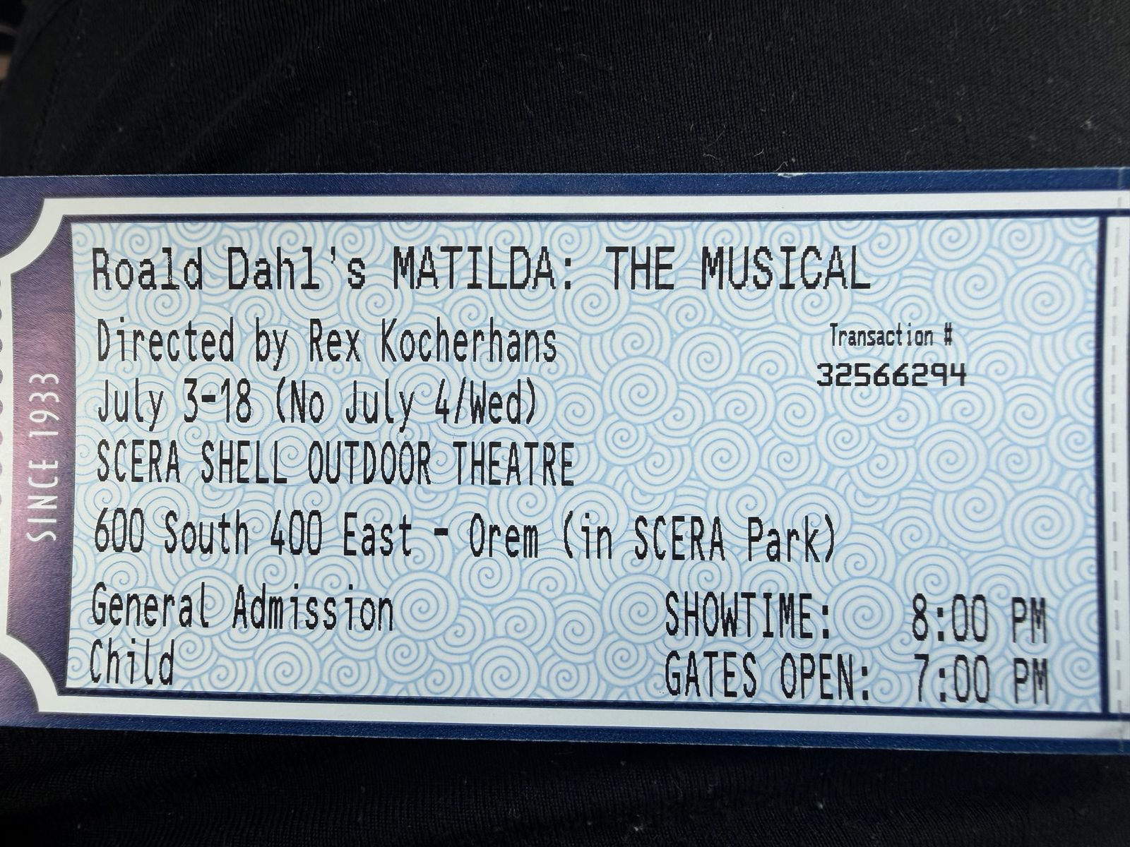 Roald Dahl's MATILDA: THE MUSICAL Child Ticket, SCERA Shell Outdoor Theatre, July 18 8:00 PM Show