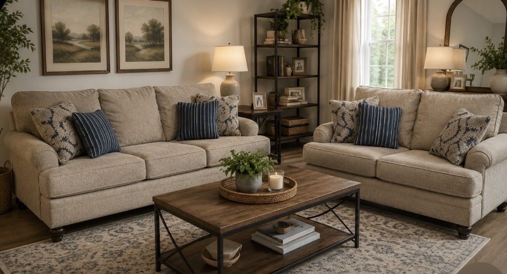 Neutral Beige 2-Seater Fabric Loveseat w/ Decorative Pillows (Matching 3-Seater Available)
