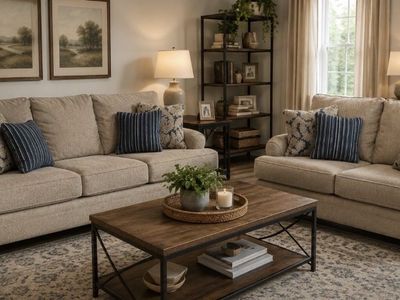 Neutral Beige 2-Seater Fabric Loveseat w/ Decorative Pillows (Matching 3-Seater Available)