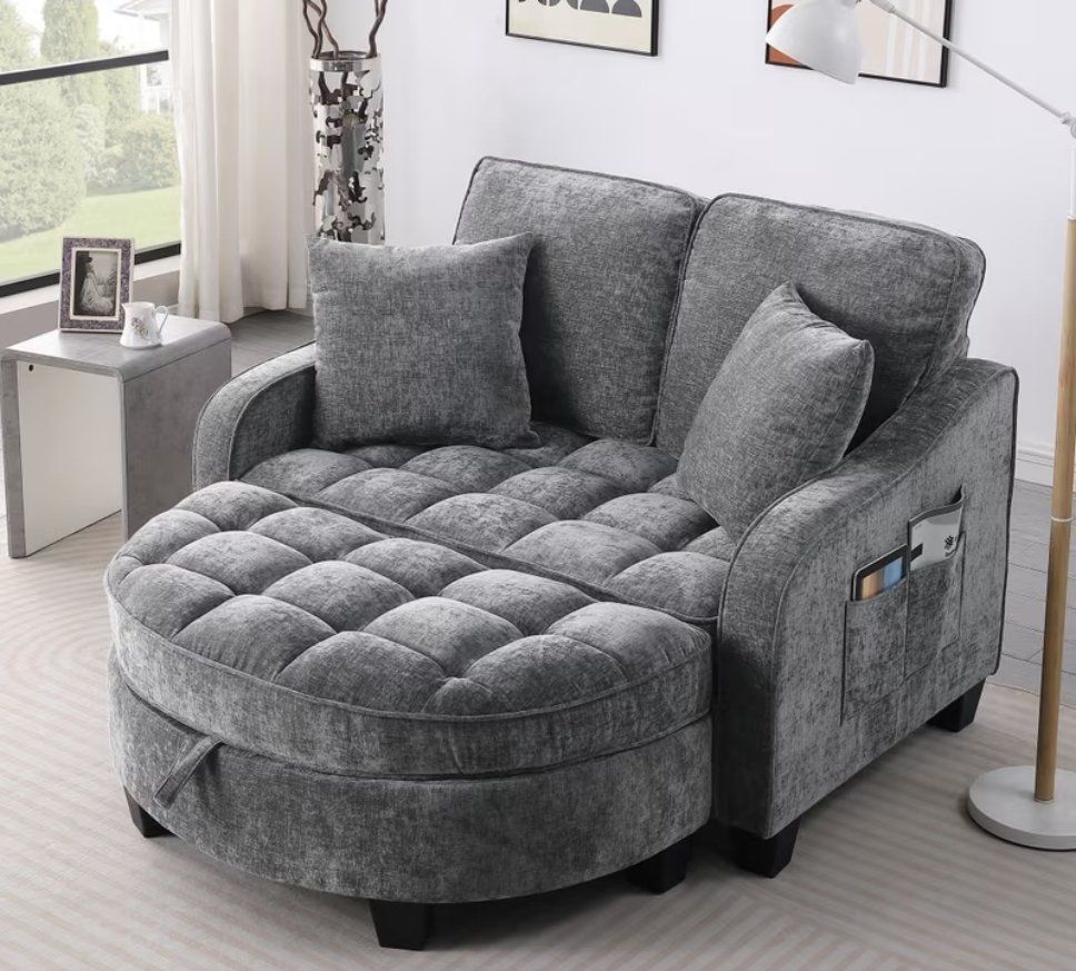 ️ SELENA GRAY CHENILLE CHAISE LOUNGE SOFA WITH OTTOMAN & STORAGE 🩶GRAY