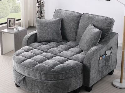 ️ SELENA GRAY CHENILLE CHAISE LOUNGE SOFA WITH OTTOMAN & STORAGE 🩶GRAY