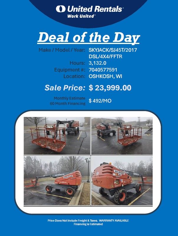 Skyjack Boom lift SJ45ft  2017 DSL 4x4 3132 hrs OshKosh, WI  $23999