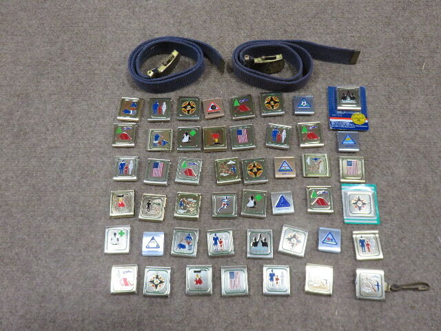 LOT OF 47 CUB AND BOY SCOUT METAL SKILLS AWARD BELT LOOP BADGE AND 2 VINAGE CUB SCOUT BELTS