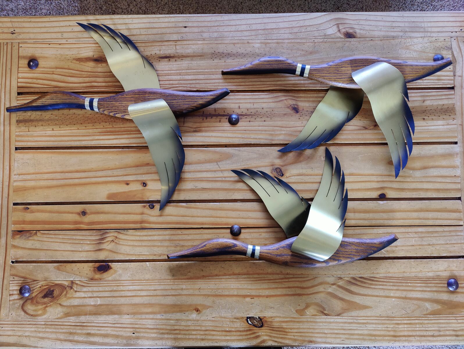 Vintage Masketeers Mid Century Modern Flying Duck Geese Teak Wood Brass Wall Art Set