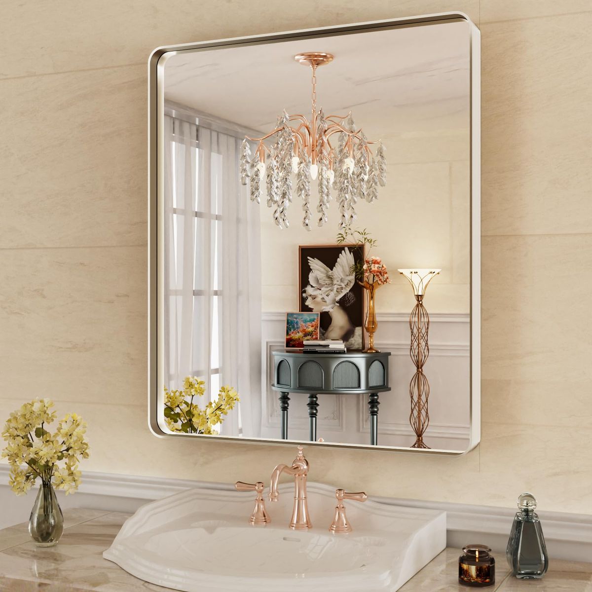 New 36X30 Inch Brushed Nickel Bathroom Mirror, Brushed Silver Metal Frame Mirror