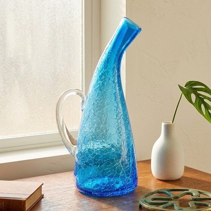 Royal Blue Crackle Glass Bent Neck Decanter