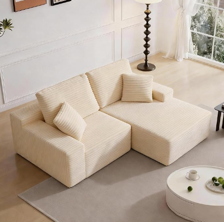75" Cloud Modular Boneless Couch, L-Shaped Right Facing Chaise Sectional Sofa, Plush Corduroy Upholstery - Living Room Bedroom