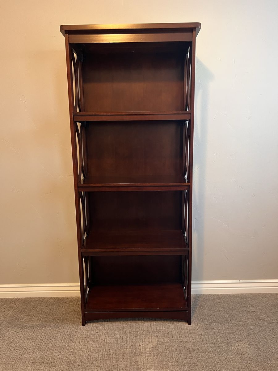 Dark Wood Tall Bookshelf with Decorative Side Panels - 4-Shelf Display Unit