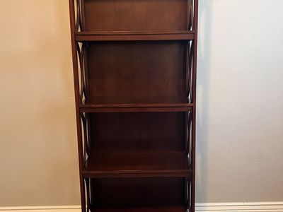 Dark Wood Tall Bookshelf with Decorative Side Panels - 4-Shelf Display Unit