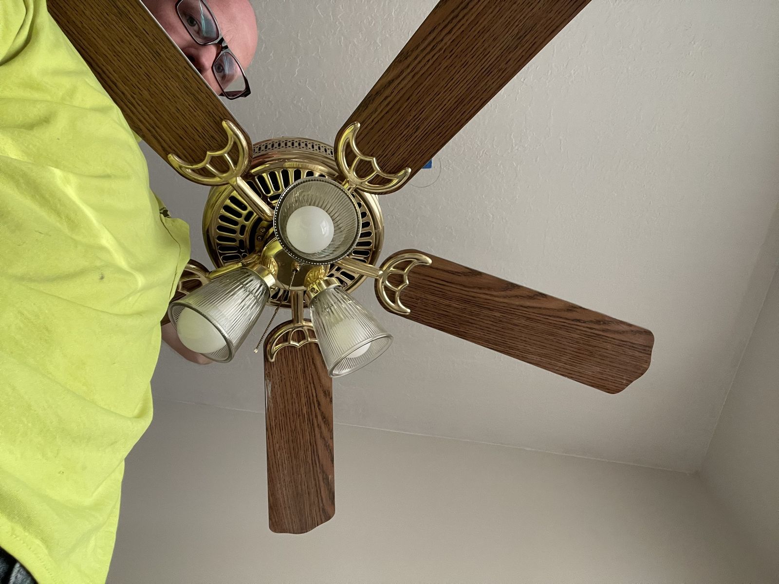 Brass and Wood Grain Ceiling Fan with Light Fixture