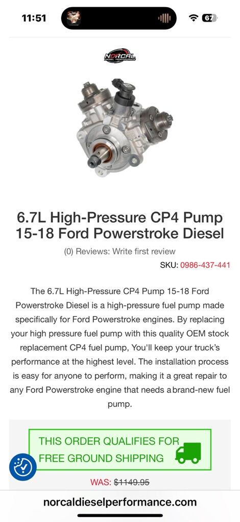 Ford 6.7 DCP4 Fuel Pump 2015-2018 Diesel