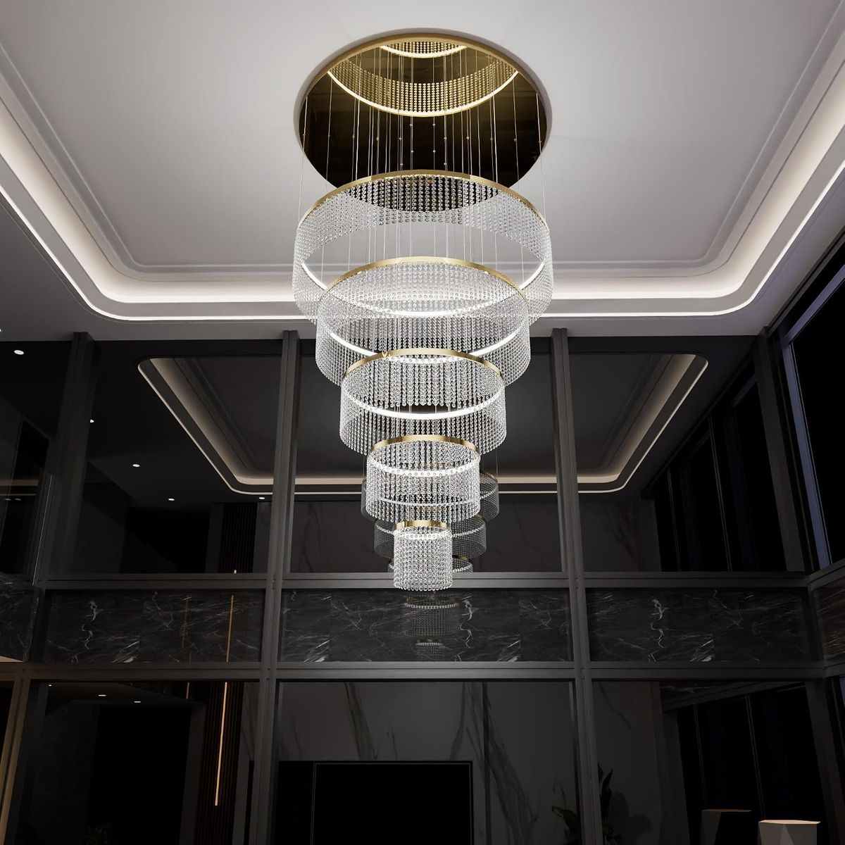 40" Modern Foyer Chandelier 5 Gold Ring Large Crystal Pendant LED Light Entryway/Staircase
