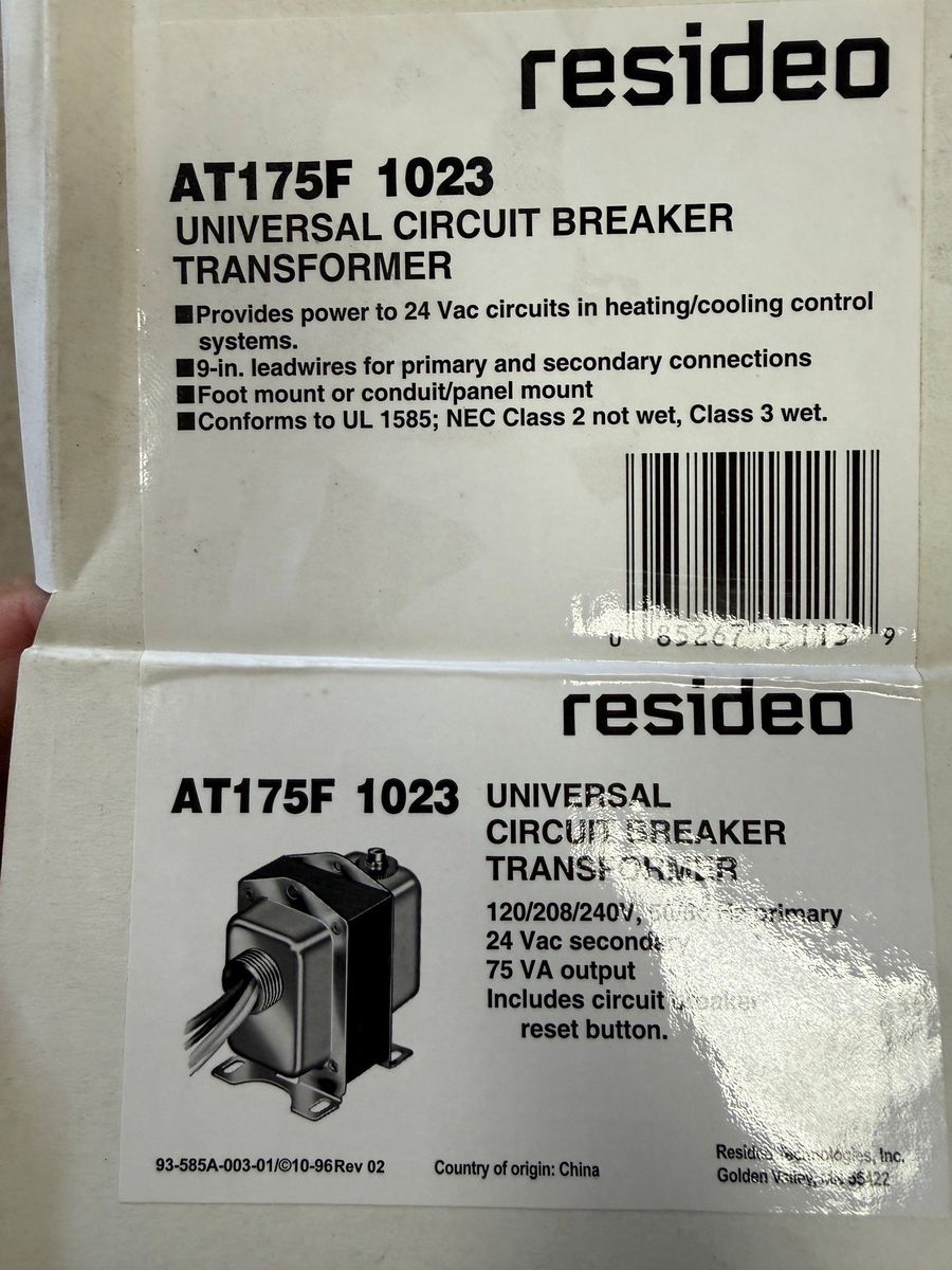 Resideo AT175F 24Vac 75VA circuit breaker transformer