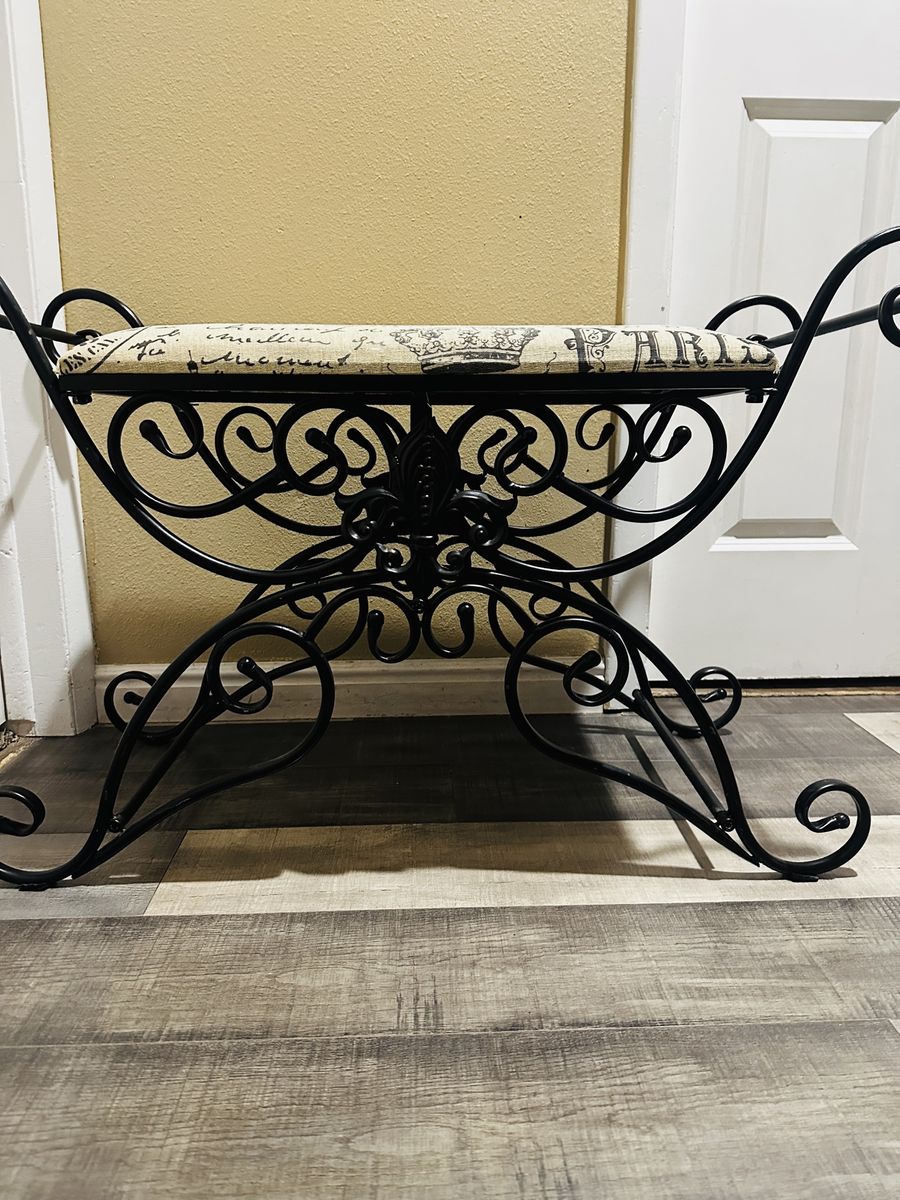 Ornate Black Wrought Iron Vanity Bench Stool with Script Upholstery - Excellent Condition