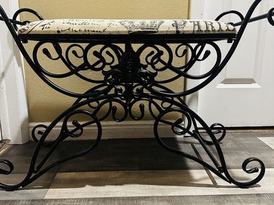 Ornate Black Wrought Iron Vanity Bench Stool with Script Upholstery - Excellent Condition