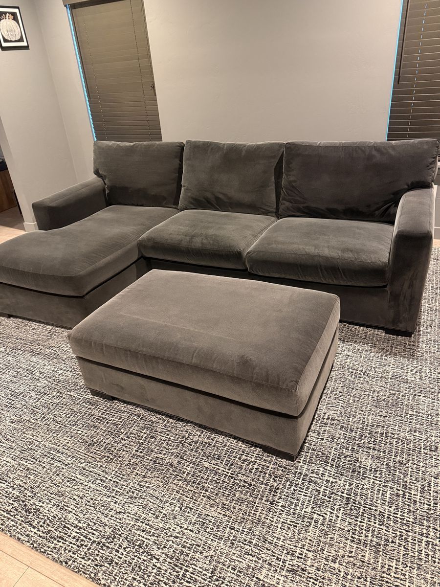 Crate and Barrel Axis Charcoal Grey Sectional Sofa with Chaise and Matching Ottoman