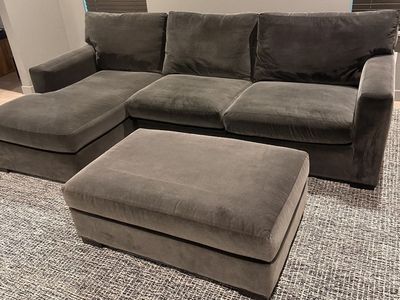 Crate and Barrel Axis Charcoal Grey Sectional Sofa with Chaise and Matching Ottoman