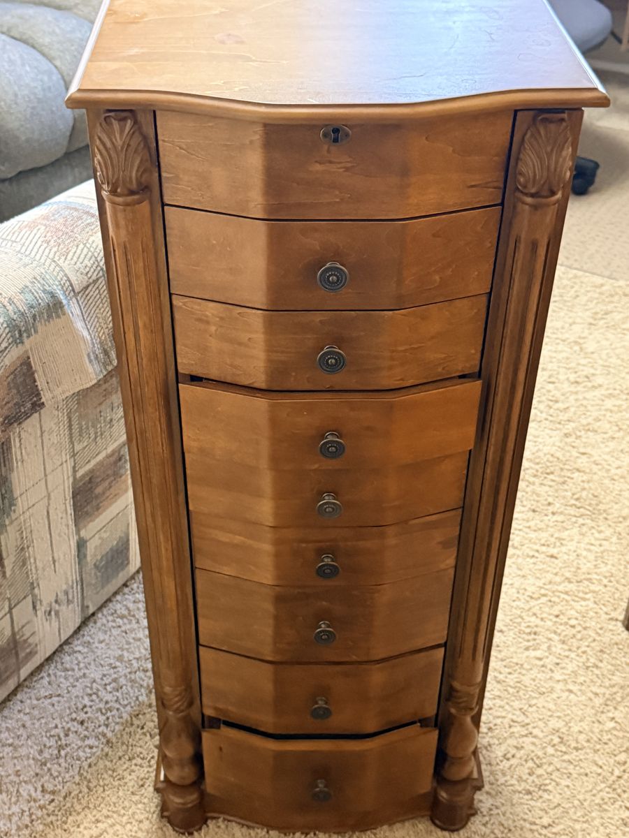 Solid Wood Jewelry Armoire Cabinet - Multiple Drawers, Side & Top Storage - Estate Sale Find