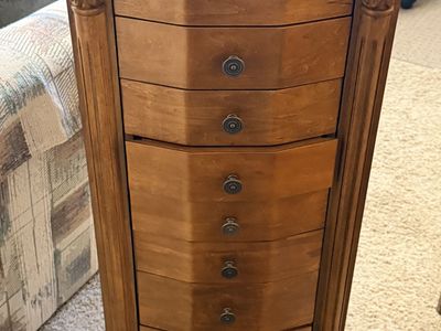 Solid Wood Jewelry Armoire Cabinet - Multiple Drawers, Side & Top Storage - Estate Sale Find