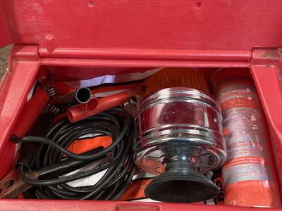 Jumper cables, flasher, extinguisher