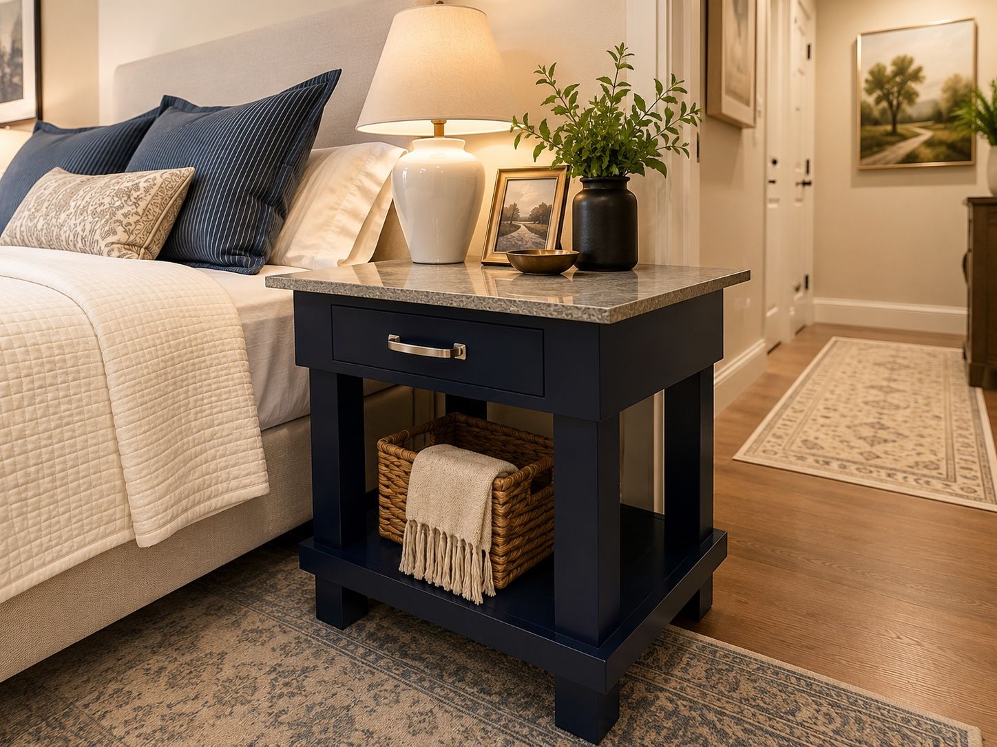 Pottery Barn-Style Navy Side Table / Nightstand – Metal Top