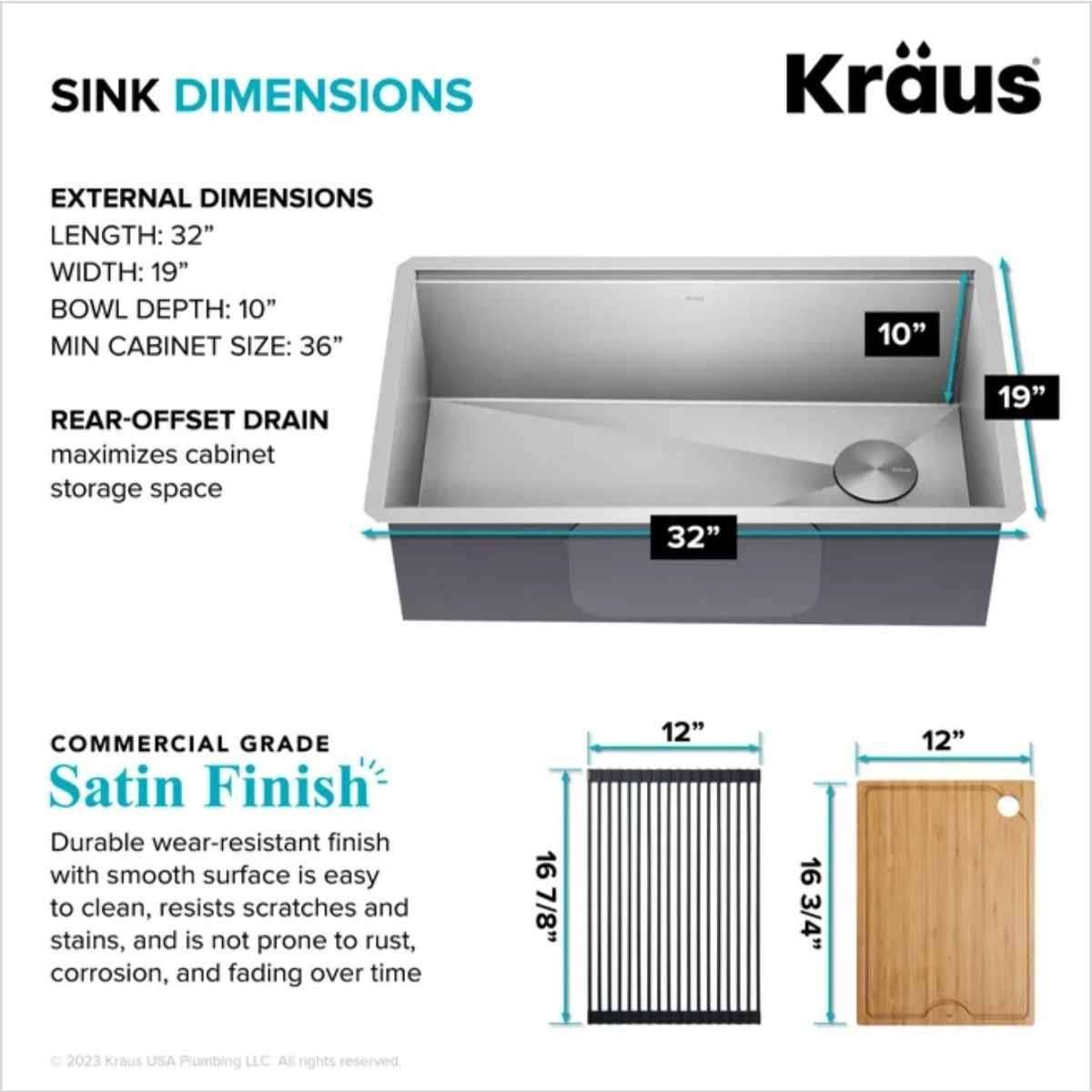 Kraus Kore 32" Undermount Workstation 16-Gauge Stainless Steel Kitchen Sink KWU110-32