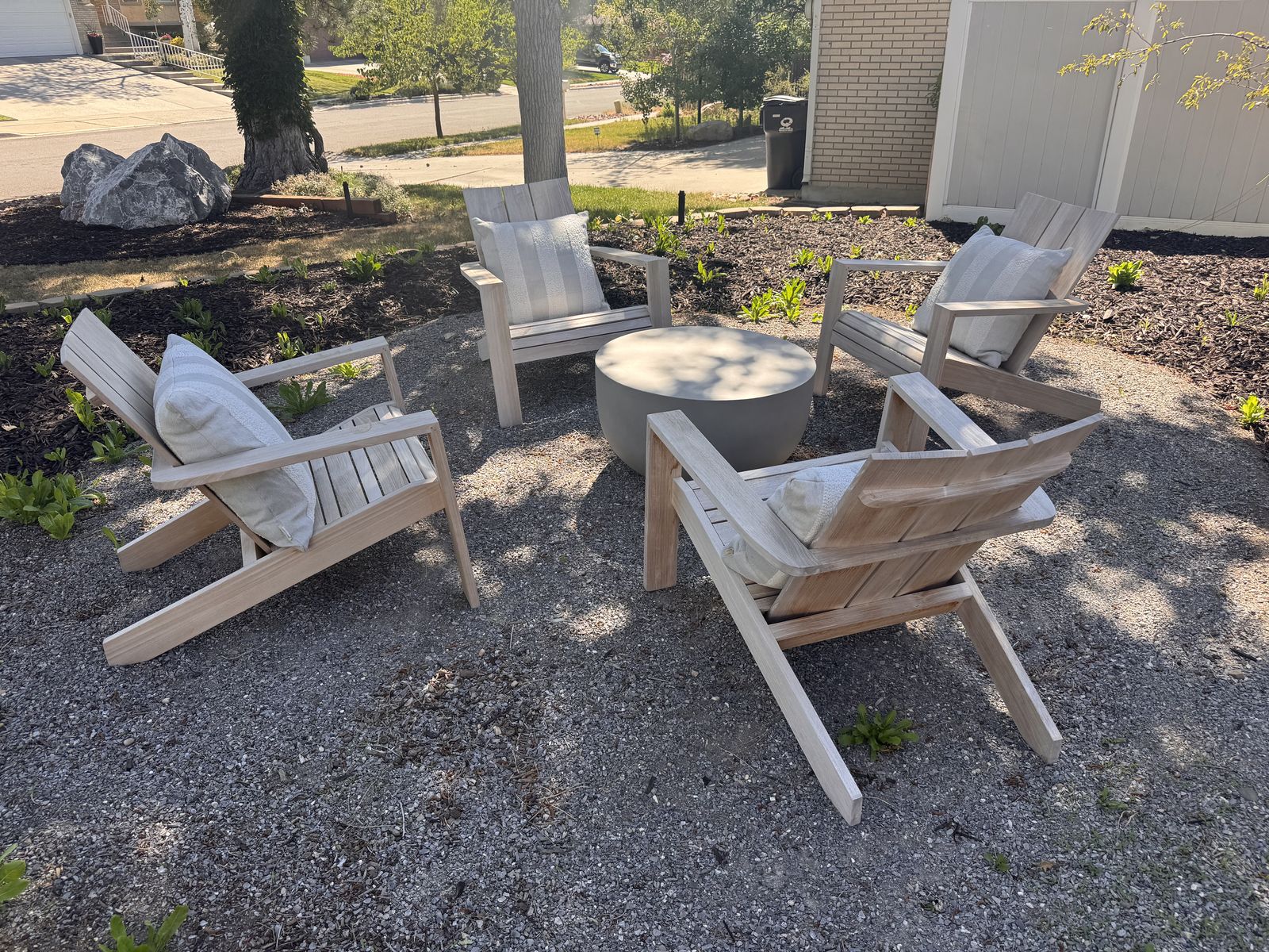 Modern Teak Adirondack Chair Set (4) + Round Concrete Coffee Table