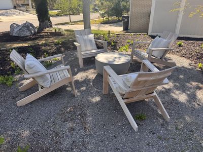 Modern Teak Adirondack Chair Set (4) + Round Concrete Coffee Table