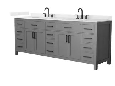 Beckett 84 in. Double Freestanding Dark Gray Bath Vanity with Giotto Quartz Top - New