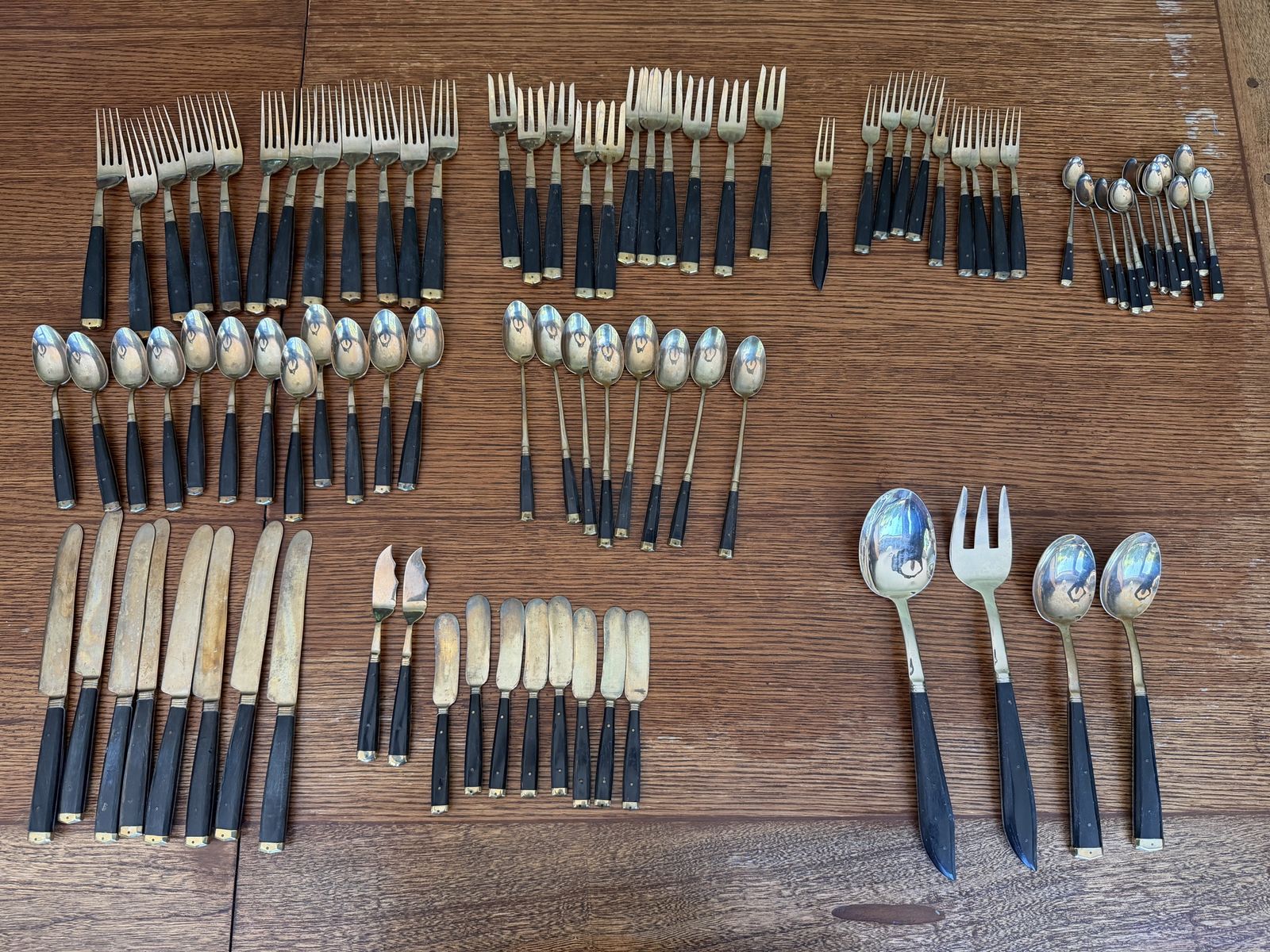 Vintage 1950s Wood Handle Flatware Set - 72 Pieces, Black & brass, Mid-Century Modern Dining