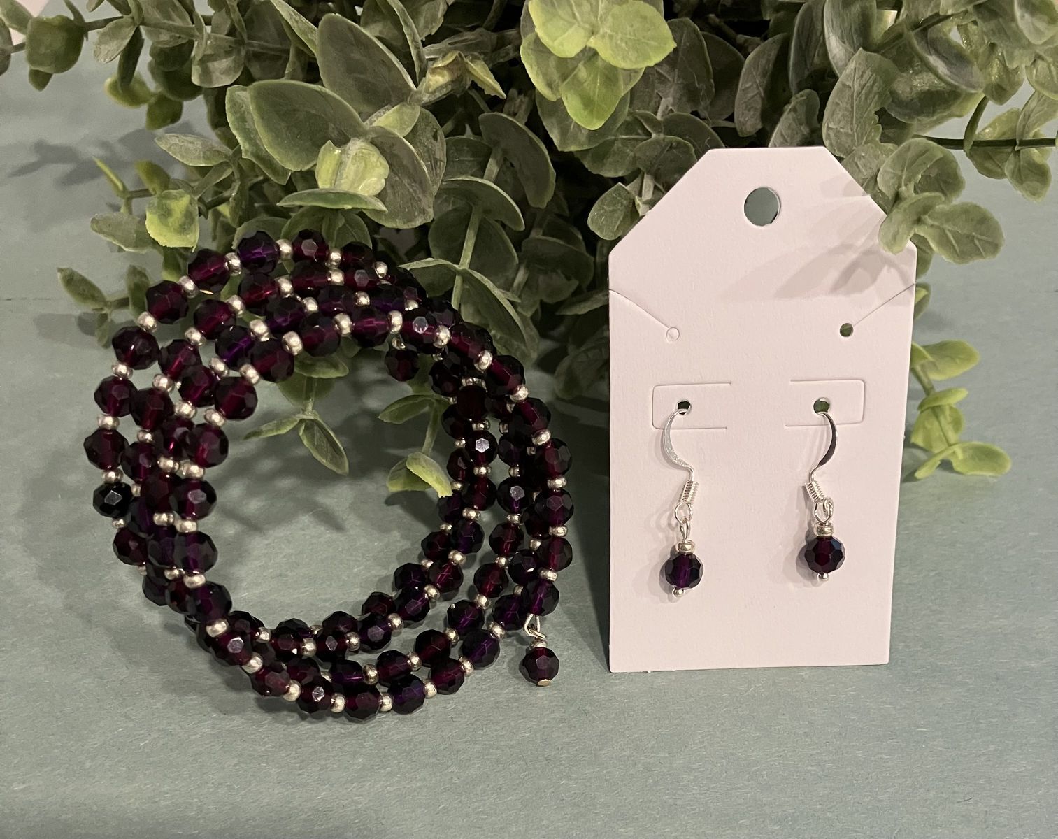Deep Purple Czech Crystal Coil Charm Bracelet & Dainty Drop Style Earrings