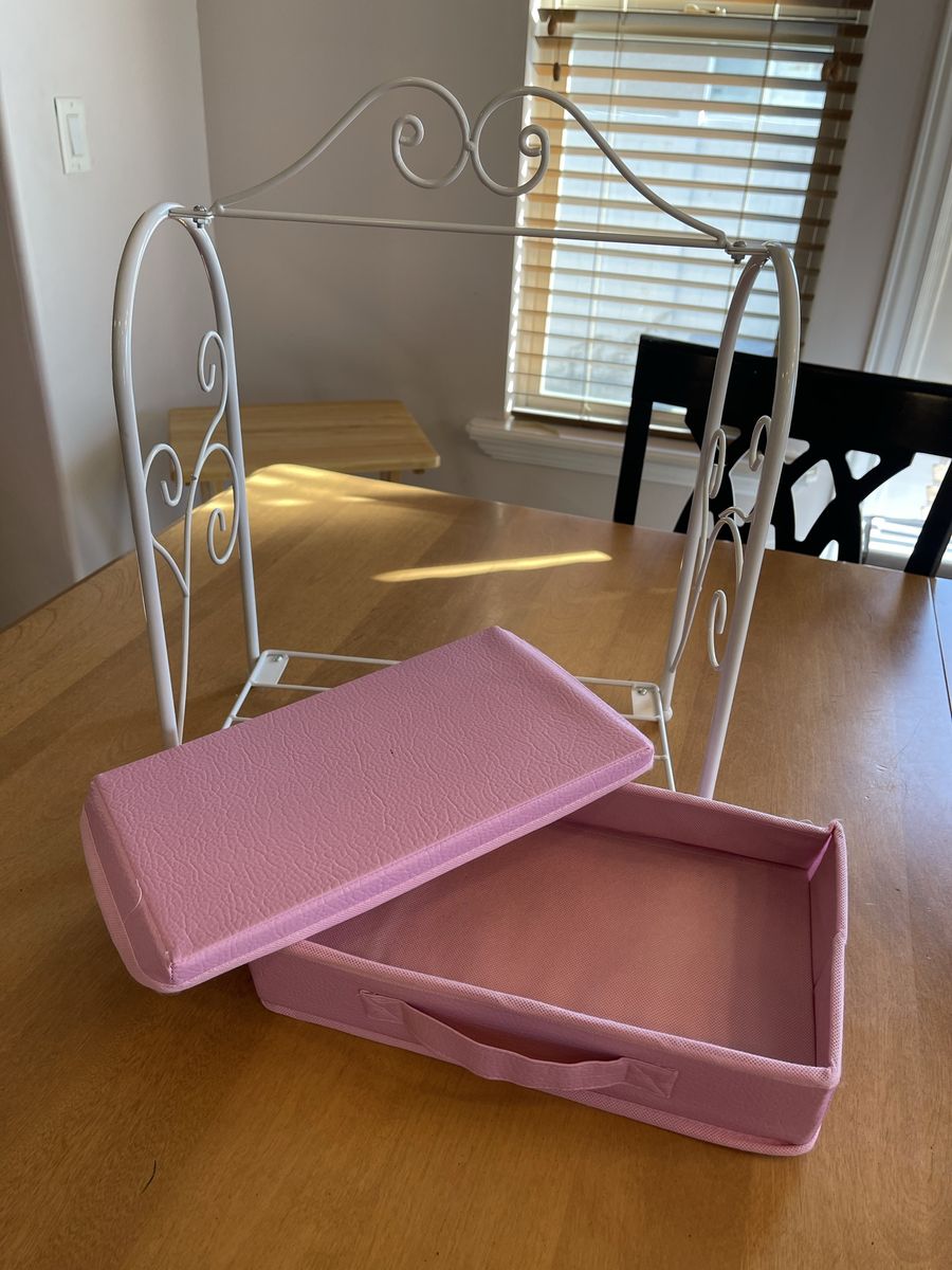White Metal Doll Clothes Rack with Pink Fabric Storage Box, sized for 18” dolls