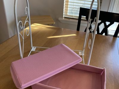 White Metal Doll Clothes Rack with Pink Fabric Storage Box, sized for 18” dolls