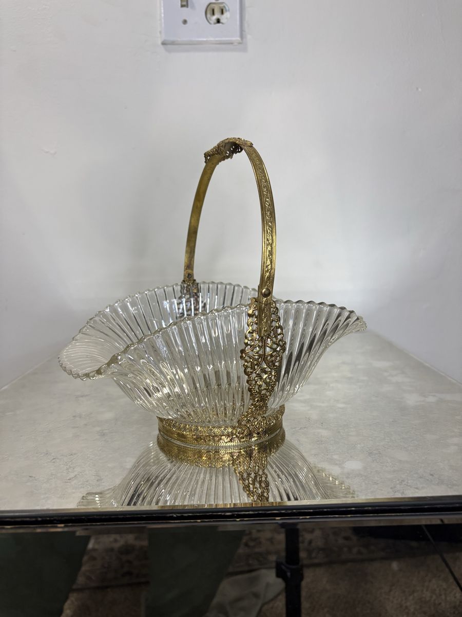 Vintage Cut Glass Basket with Ornate Brass Handle and Base