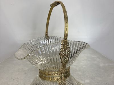 Vintage Cut Glass Basket with Ornate Brass Handle and Base
