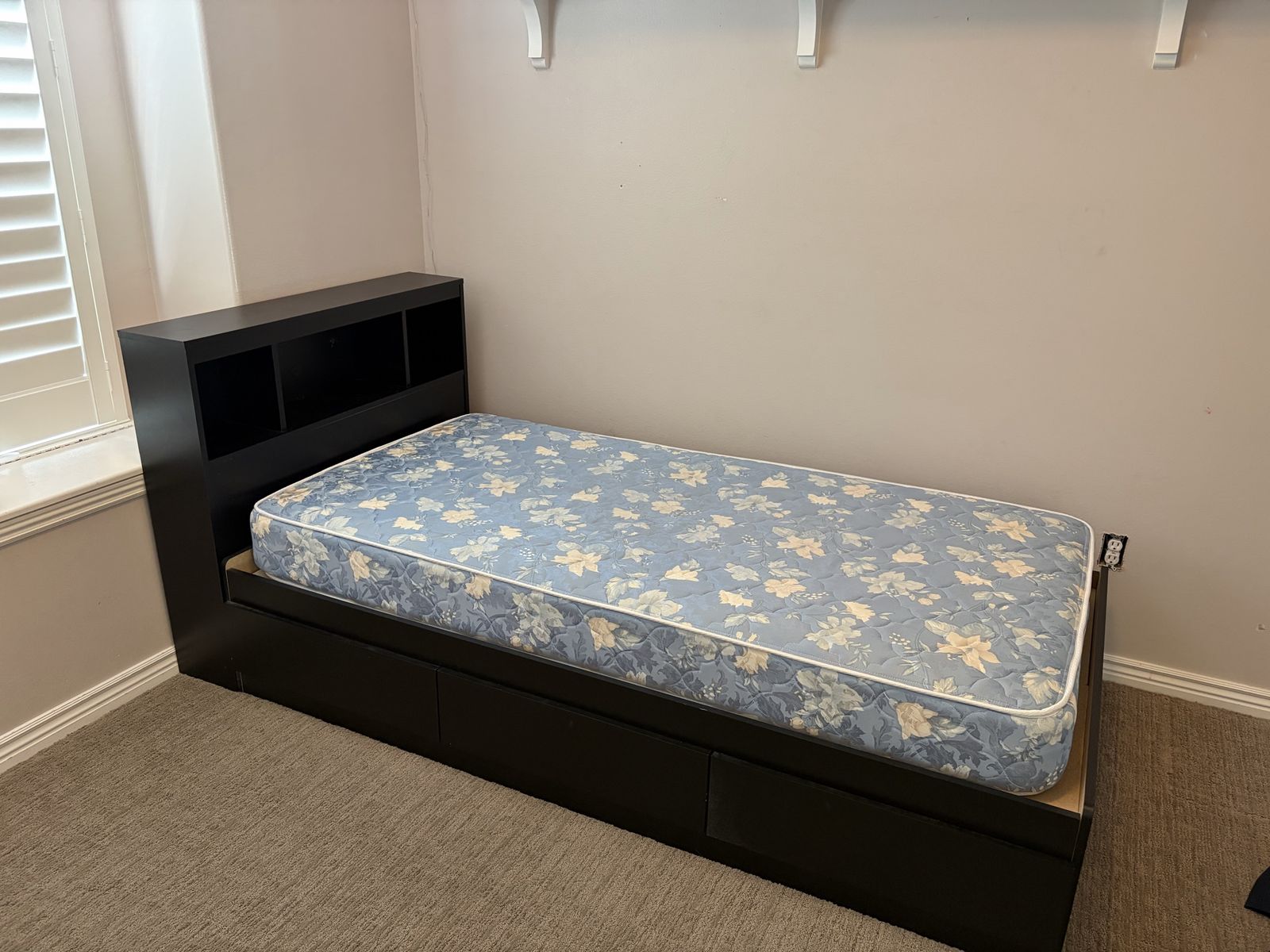 Black Twin Platform Bed with Headboard Storage and 3 Drawers