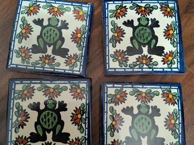 Hand painted Mexican frog tile wall hangings
